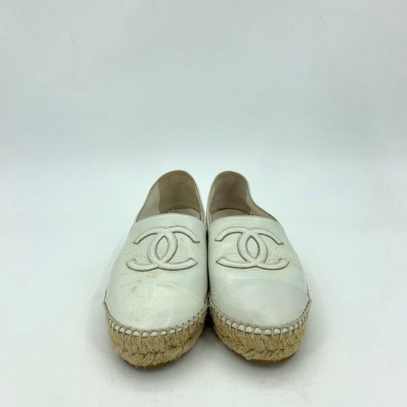 Chanel White Leather Espadrilles Size 37 Double C Logo With Jute Sole Made In Sp - Picture 3 of 9